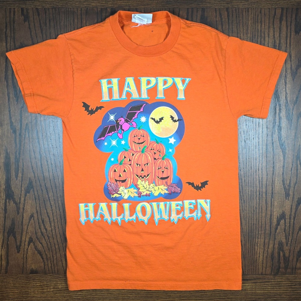 Vintage Basic Editions Happy Halloween Pumpkin Bat Orange T-Shirt Womens Large